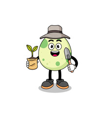 Illustration of spotted egg cartoon holding a plant seed