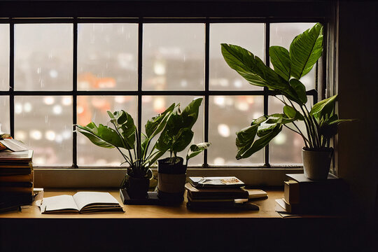 View from a plant-cluttered desk out a window into a rainy city
