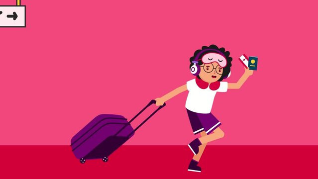 A kid running in the airport, hurrying for the plane