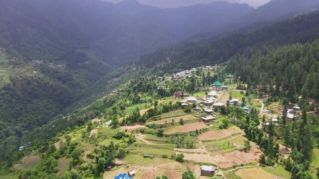 Drone Shot of a small village in Sainj Valley in Himachal Pradesh near Manali, Kasol