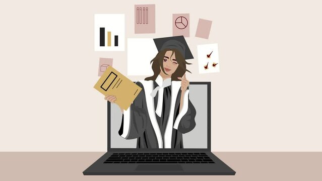 Graduating students with the computer, papers and documents