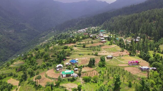 Drone Shot of a small village in Sainj Valley in Himachal Pradesh near Manali, Kasol