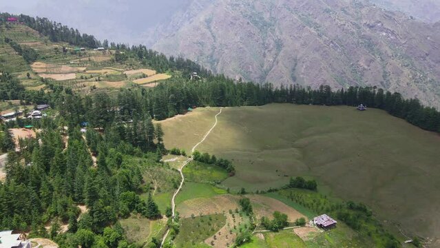 Drone Shot of a small village in Sainj Valley in Himachal Pradesh near Manali, Kasol