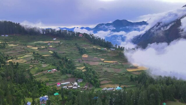 Drone Shot of a cloudy Sainj Valley in Himachal Pradesh near Manali, Kasol