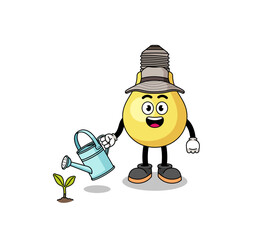Illustration of light bulb cartoon watering the plant