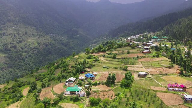 Drone Shot of a small village in Sainj Valley in Himachal Pradesh near Manali, Kasol