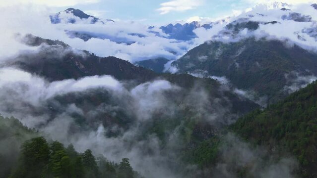 Drone Shot of a cloudy Sainj Valley in Himachal Pradesh near Manali, Kasol