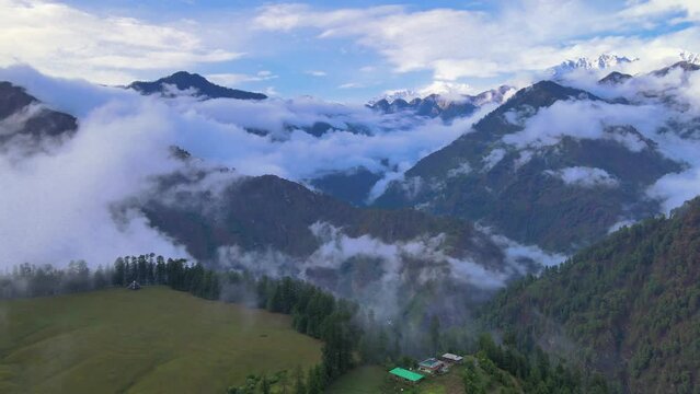 Drone Shot of a cloudy Sainj Valley in Himachal Pradesh near Manali, Kasol