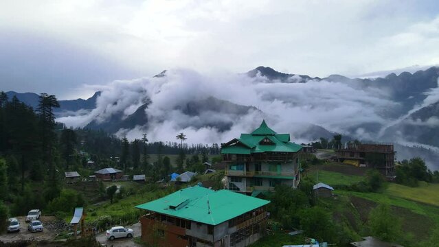 Drone Shot of a cloudy Sainj Valley in Himachal Pradesh near Manali, Kasol