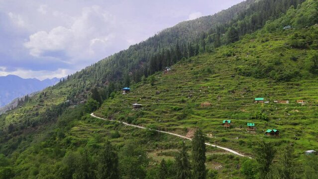 Drone Shot of a small village in Sainj Valley in Himachal Pradesh near Manali, Kasol