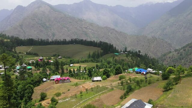 Drone Shot of a small village in Sainj Valley in Himachal Pradesh near Manali, Kasol