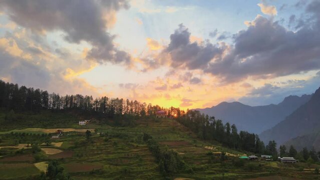 Drone Shot of sunset in a small village in Sainj Valley in Himachal Pradesh near Manali, Kasol