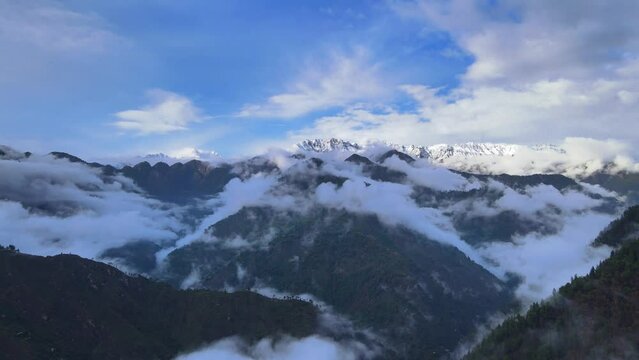Drone Shot of a cloudy Sainj Valley in Himachal Pradesh near Manali, Kasol
