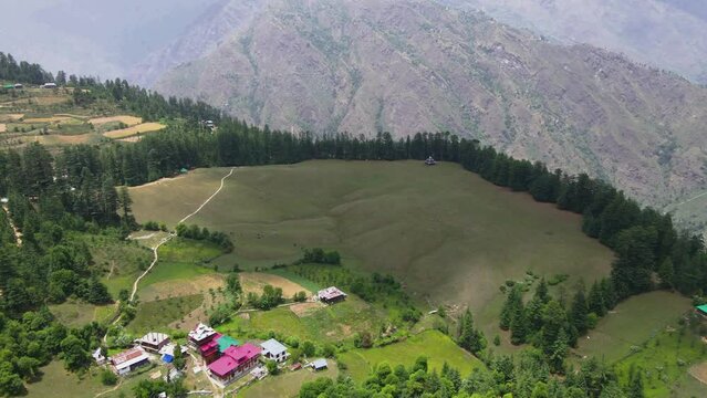 Drone Shot of a small village in Sainj Valley in Himachal Pradesh near Manali, Kasol