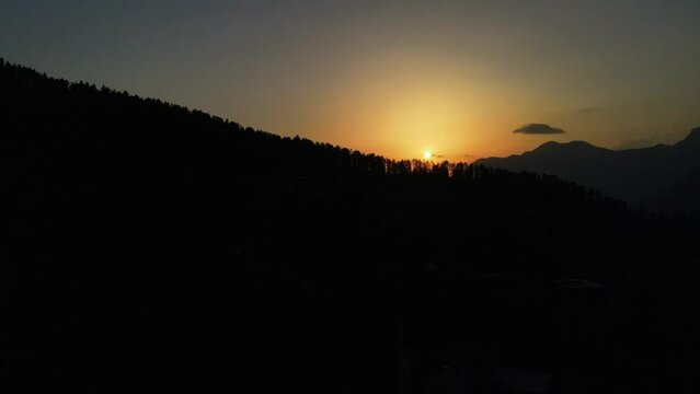 Drone Shot of sunset in a small village in Sainj Valley in Himachal Pradesh near Manali, Kasol