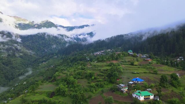 Drone Shot of a cloudy Sainj Valley in Himachal Pradesh near Manali, Kasol