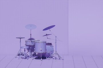 Obraz na płótnie Canvas Drums of 7 elements of cinnamon and purple with white-plated fittings on purple background. Abstract drum kit on a blue background. 3d Rendering 