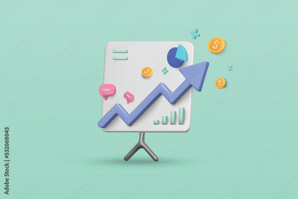 Poster presentation with growth graph concept on blue background. 3d vector illustration design.