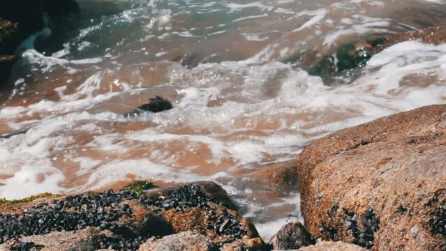 Agua do mar na praia batendo nas pedras e areia, com uma leve vegeta&ccedil;&atilde;o de cor verde