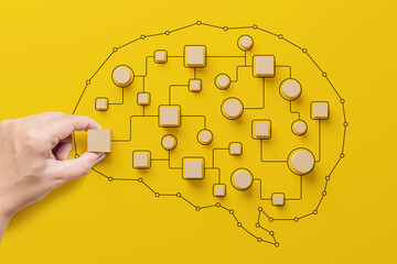 Business process and workflow automation with flowchart. Hand putting wooden cube block arranging...