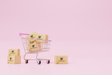 Online shopping concept. Web or mobile application ecommerce. Carton paper box with shopping cart...
