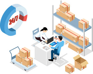 3D isometric Online delivery concept with a man and a woman decide the delivery addresses for packages in the warehouse. Clipart Transparent PNG Hd
