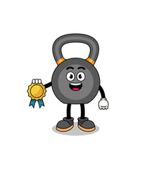 kettlebell cartoon illustration with satisfaction guaranteed medal