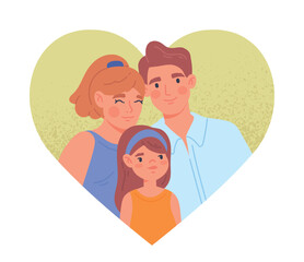 Happy family in heart. Porter of smiling mom, dad and daughter. Parents together with their preschool child. Love and expression of positive feelings and emotions. Cartoon flat vector illustration