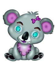 Very cute koala, with purple ears, ribbon and purple chest hair and blue eyes