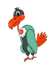 Cute drawing of a orange-beaked Vulture with orange tail, blue body, white collar, and gray chest