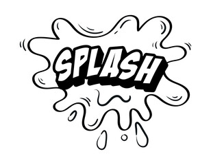 Retro explosion for comics. Abstract liquid onomatopoeic shape with drops and inscription splash. Design element for printing on clothes. Cartoon simple flat vector illustration in vintage style