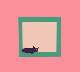 Cat sit and sleep on the windowsill. Minimalist color. Waiting for something. Vector flat illustration	
