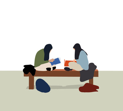 Women reading book on bench in public park. College students studying together outdoors. Education lifestyle concept	
