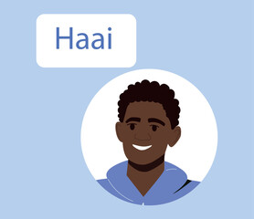 Multilingual greeting. Smiling African American man in round chat box says hello in his native language. Haai. International communication and diversity of cultures. Cartoon flat vector illustration
