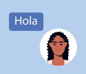 Multilingual greeting. Young smiling woman greets chatting friends and says hello in spanish. Latin American woman says hola. Online communication with native speaker. Cartoon flat vector illustration © Rudzhan