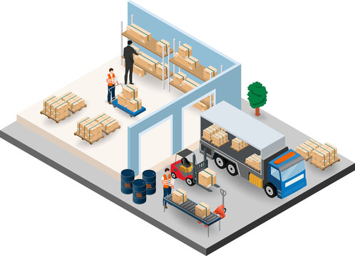 3D Isometric Concept Of Warehouse Logistic With Workers Loading Products On The Trucks And Forklift Loading Pallets With Cardboard Boxes. Clipart Transparent PNG Hd