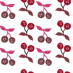 Hand drawn cherry berries and leaves seamless pattern. Hand drawn cherries wallpaper. Fruits backdrop.