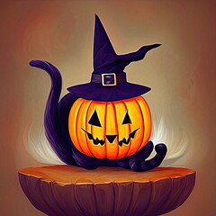 Halloween pumpkin with cat tail and black hat