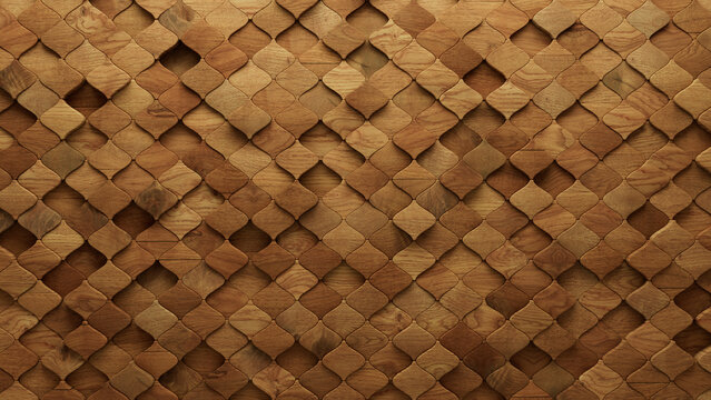 Soft sheen, 3D Mosaic Tiles arranged in the shape of a wall. Arabesque, Wood, Blocks stacked to create a Natural block background. 3D Render