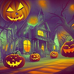 Halloween haunted house background with pumpkins at night