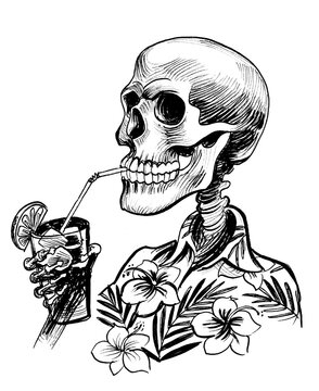 Human Skeleton In Hawaiian Shirt Drinking Cocktail. Ink Black And White Drawing