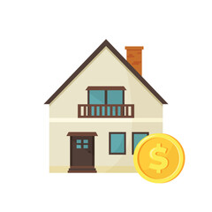 House with gold dollar coin. House for sale. Real estate investment concept. Vector illustration