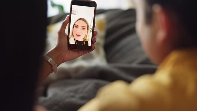 Video Call, Phone And Communication With Friends On A Call During Covid Lockdown And Regulations. Friendship, Wave And Smile With A Happy And Excited Woman Greeting A Friend On A Mobile Screen