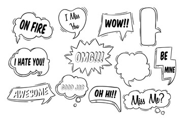 set of bubble chat hand drawing. black and white bubble speech collection 