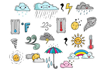 doodle cute weather character collection on white background