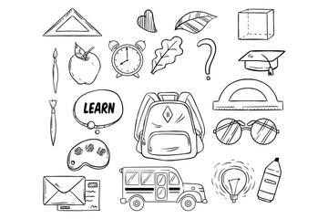 back to school icons or elements with doodle style. school supplies hand drawing