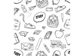 seamless pattern of back to school icons or elements with doodle style. school supplies hand drawing