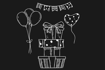 Birthday balloons and gift box with hand drawing style
