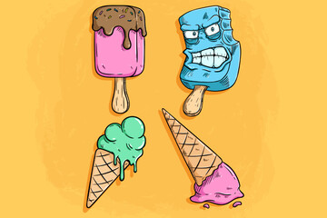 cute ice cream stick and cone with colored hand drawing style
