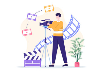 Videographer Services Template Hand Drawn Cartoon Flat Illustration with Record Video Production, Movie, Equipment and Cinema Industry Design